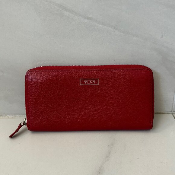 TUMI Red Leather Zip-Around Continental Wallet - Picture 1 of 9